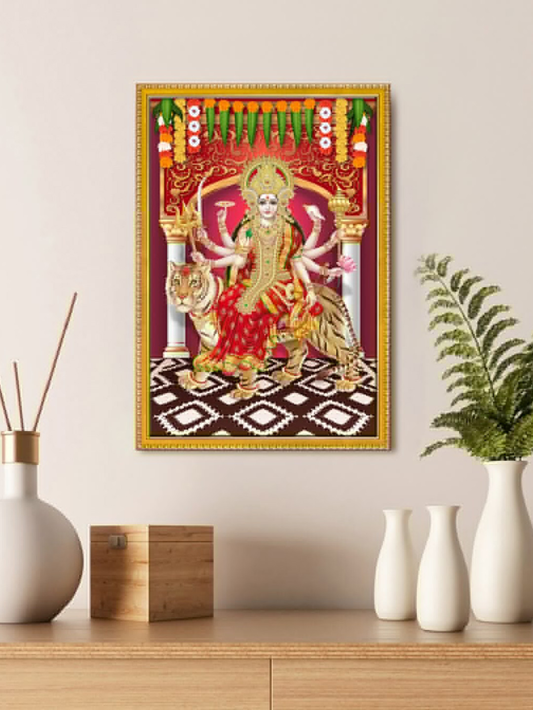

999Store Beige & Red Sherawali Mata Framed Painting Wall Art