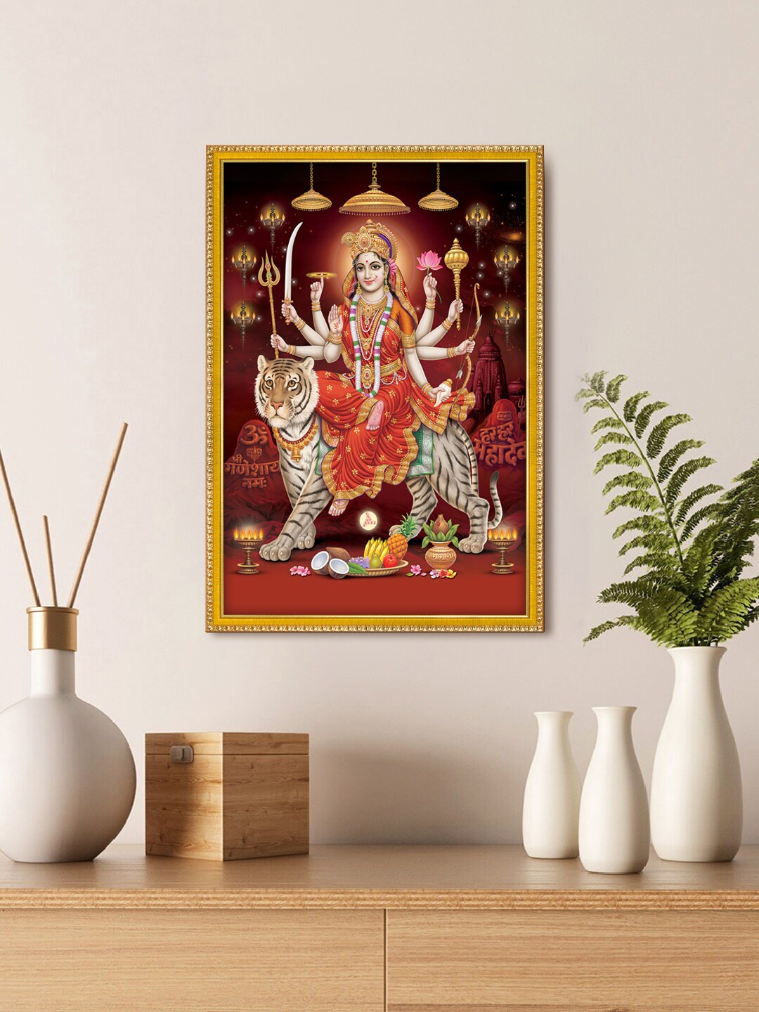 999Store Gold Toned & Maroon Sherawali Mata Photo Painting Wall Art
