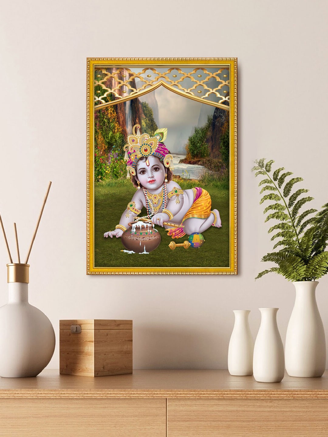 

999Store Blue & Green Lord Bal Krishna Painting Wall Art