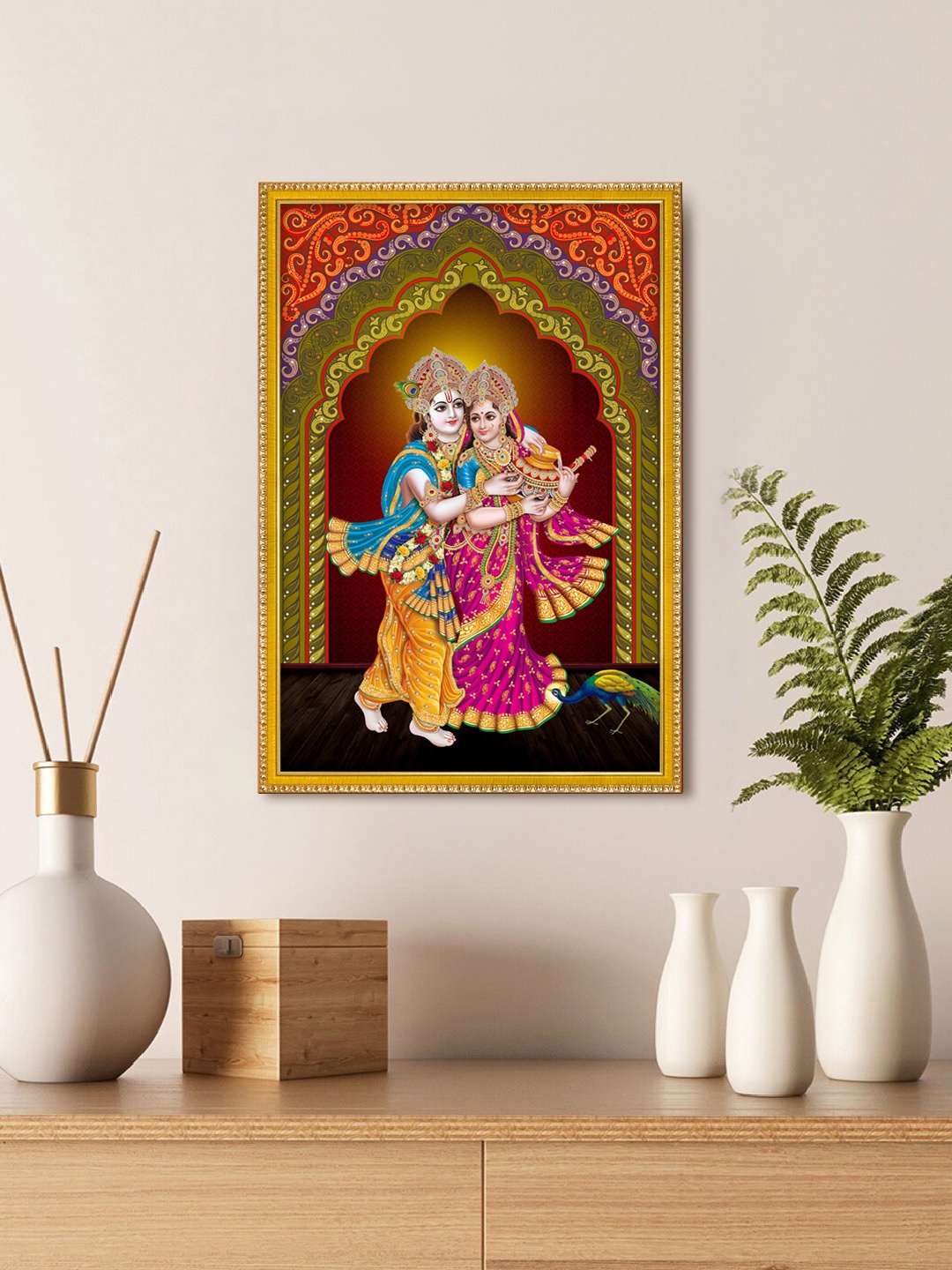 

999Store Pink & Blue Radha Krishna With Peacock Photo Frame
