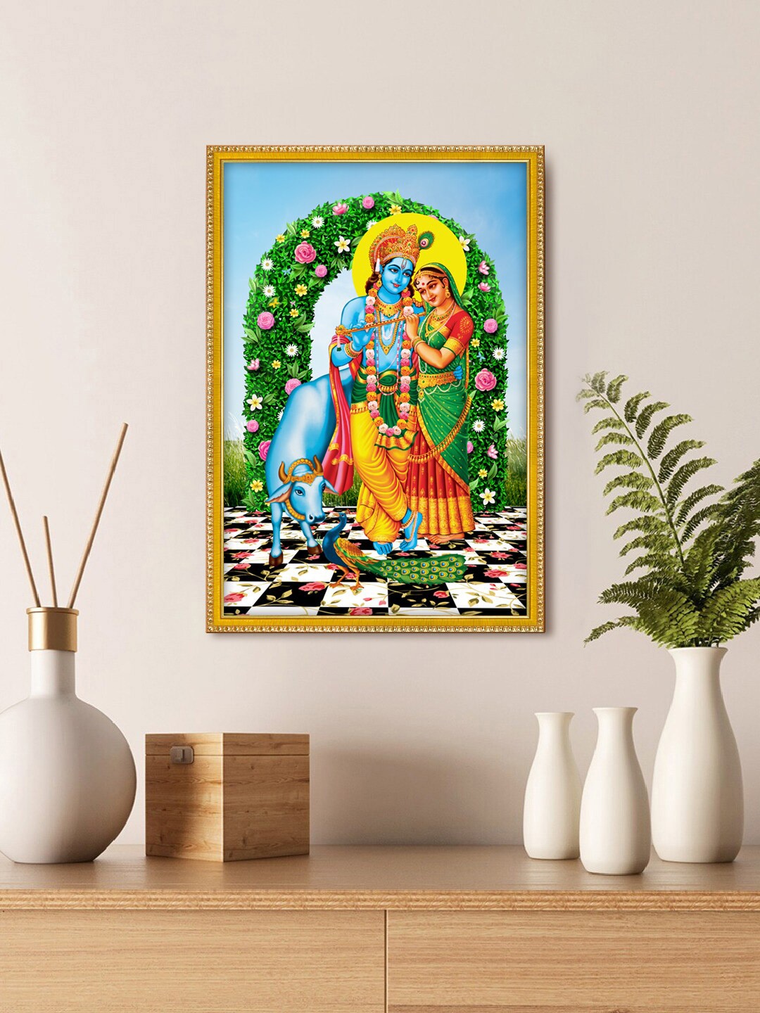 

999Store Blue & Green Radha Krishna With His Cow And Flute Photo Wall Art