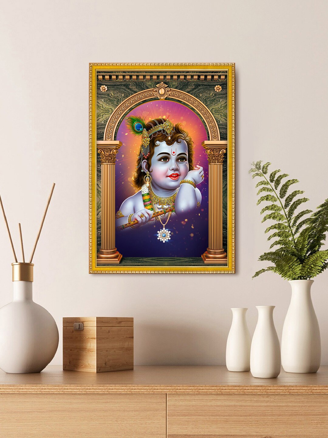 

999Store Red Lord Bal Krishna Photo Painting For Mandir Wall Art