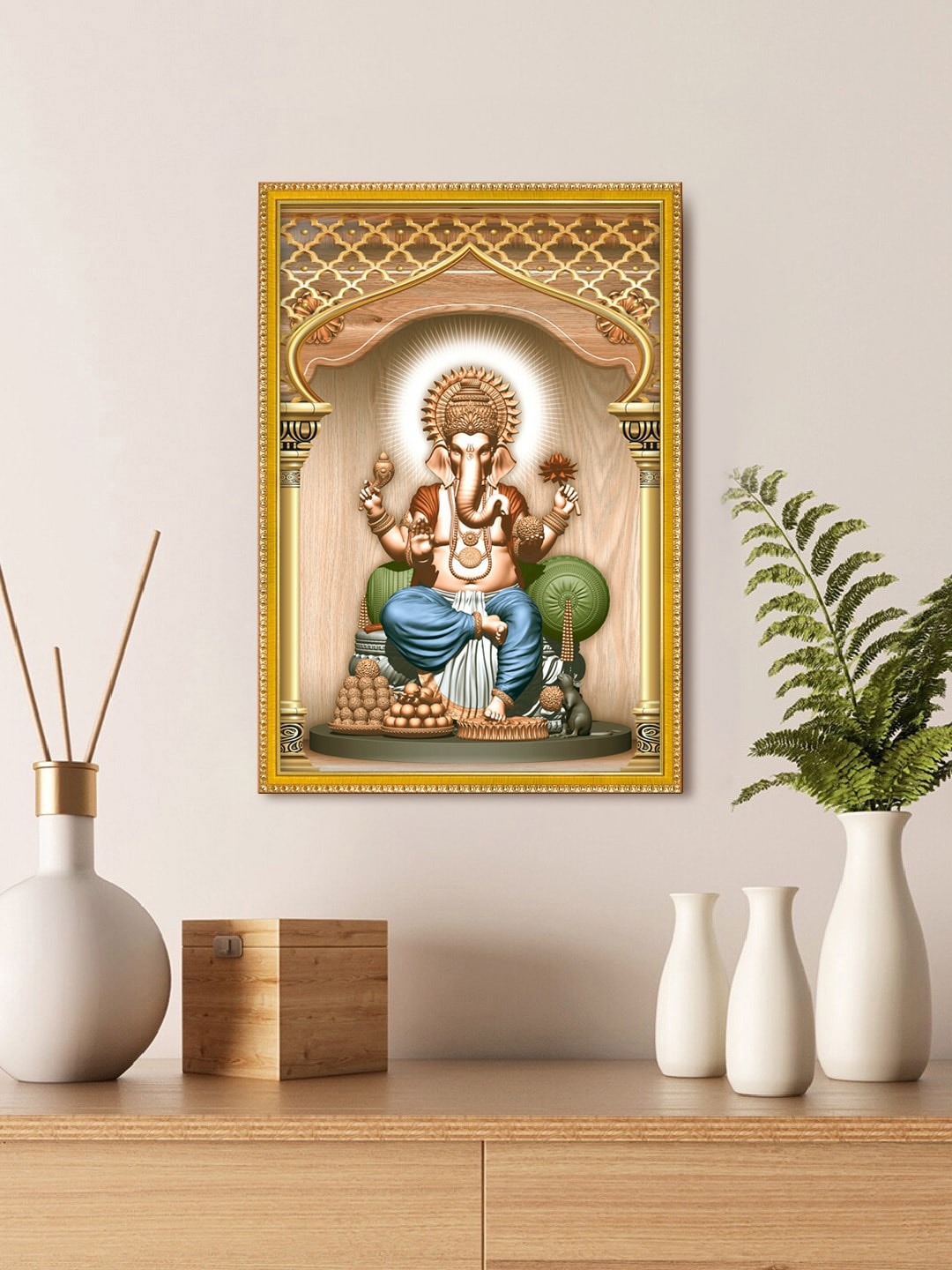 

999Store Beige & Green Lord Ganesha Photo Painting Wall Art