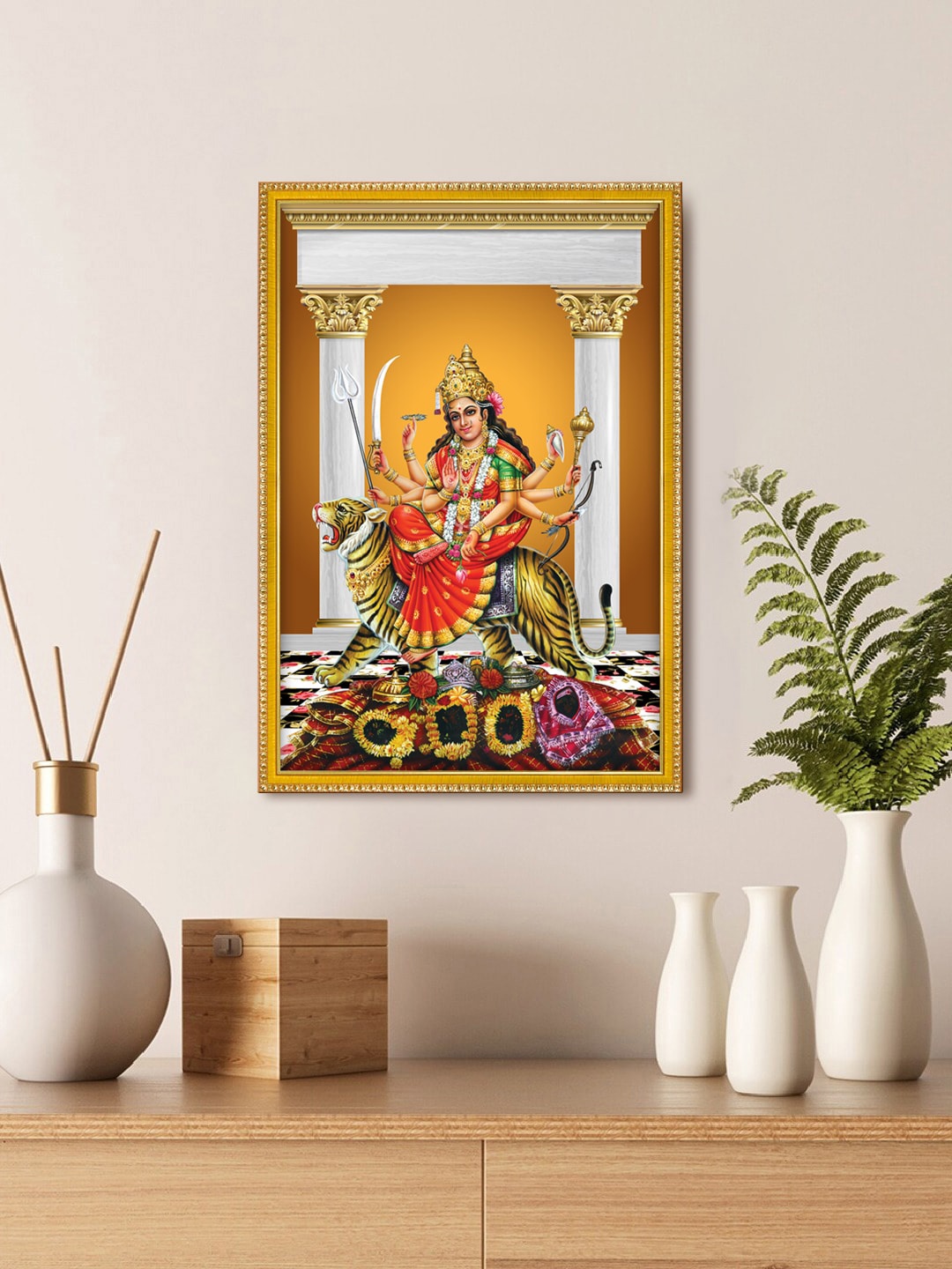 

999Store Beige & Red Sherawali Mata Sitting On Tiger Photo Painting With Photo Frame