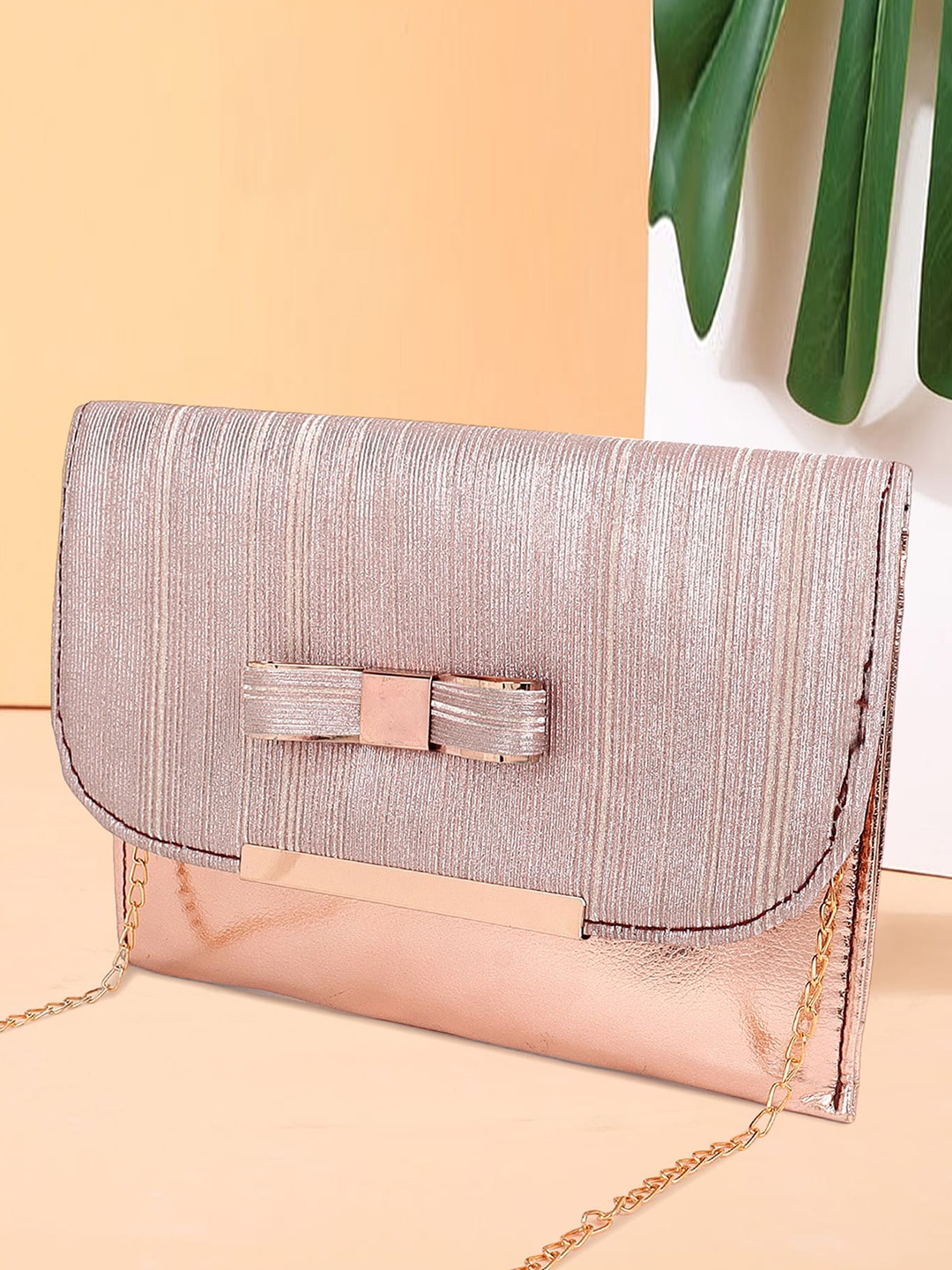 

DN Creation Textured Structured Party Sling Bag With Chain & Bow Detail, Rose gold