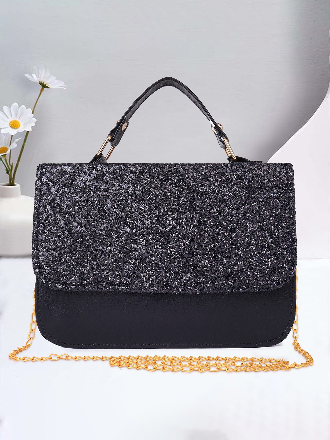 

DN Creation Embellished Structured Handheld Bag With Detachable Sling Strap, Black