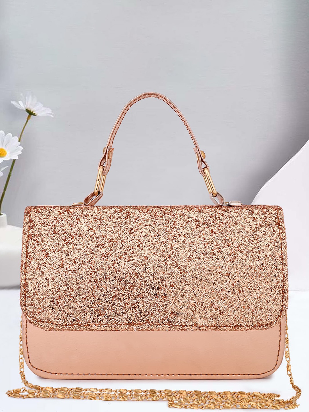 

DN Creation Embellished Box Clutch With Shoulder Strap, Rose gold