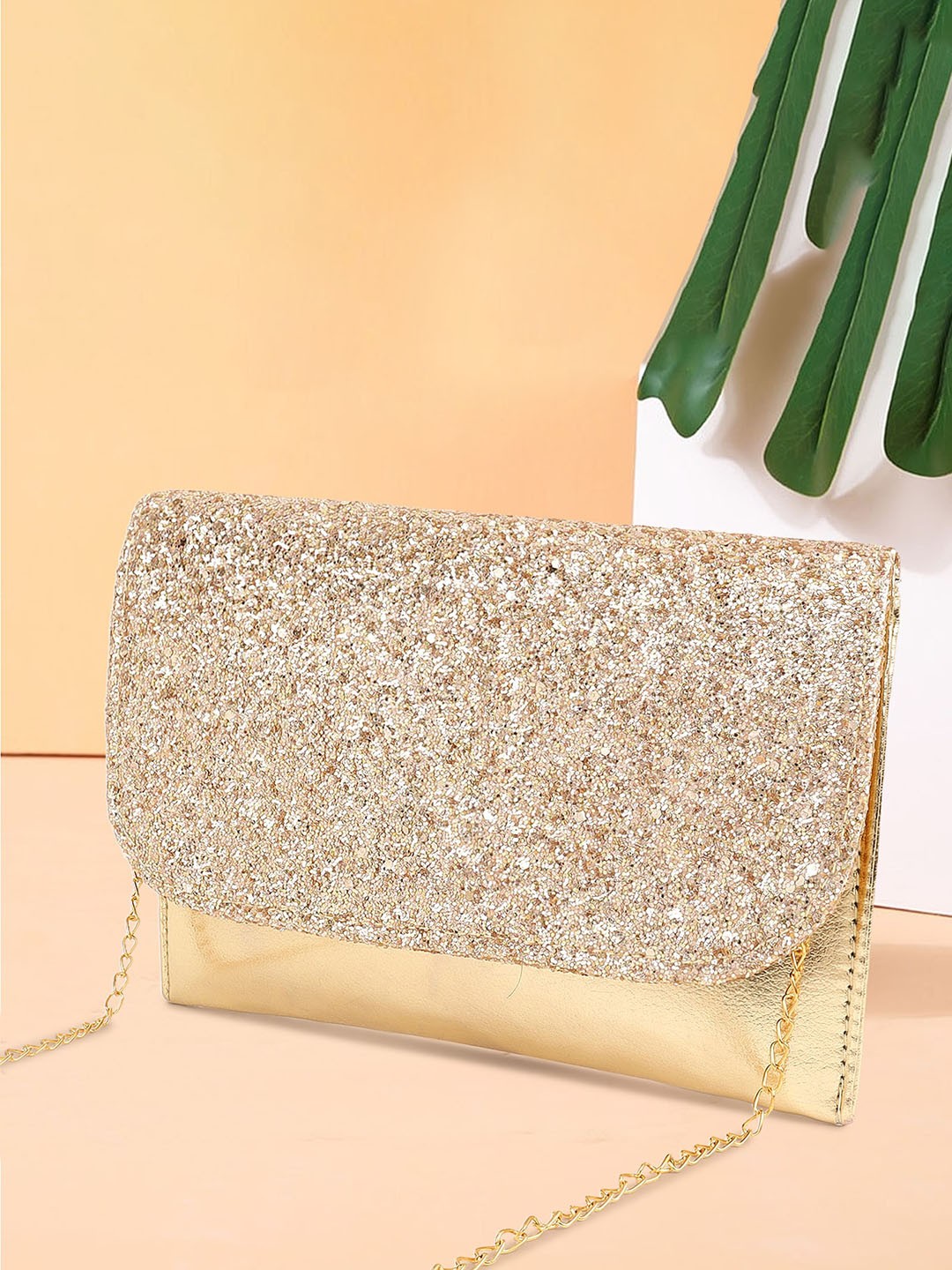 

DN Creation Embellished Foldover Clutch With Shoulder Strap, Gold