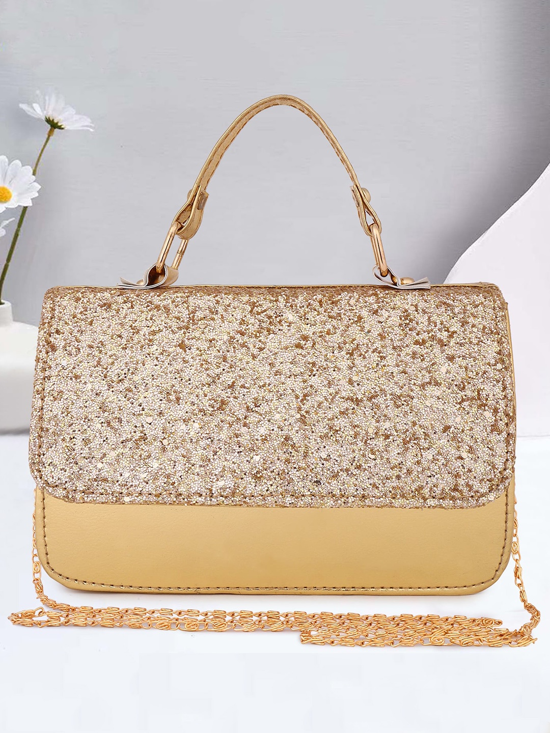 

DN Creation Embellished Foldover Clutch With Shoulder Strap, Gold