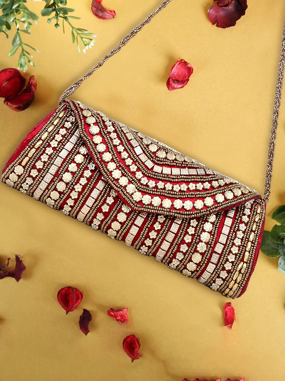 

DN Creation Embellished Foldover Clutch With Shoulder Strap, Red