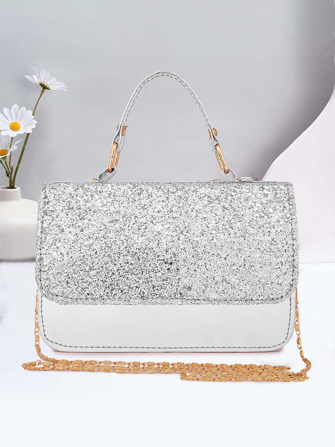 

DN Creation Embellished Foldover Clutch With Shoulder Strap, Silver