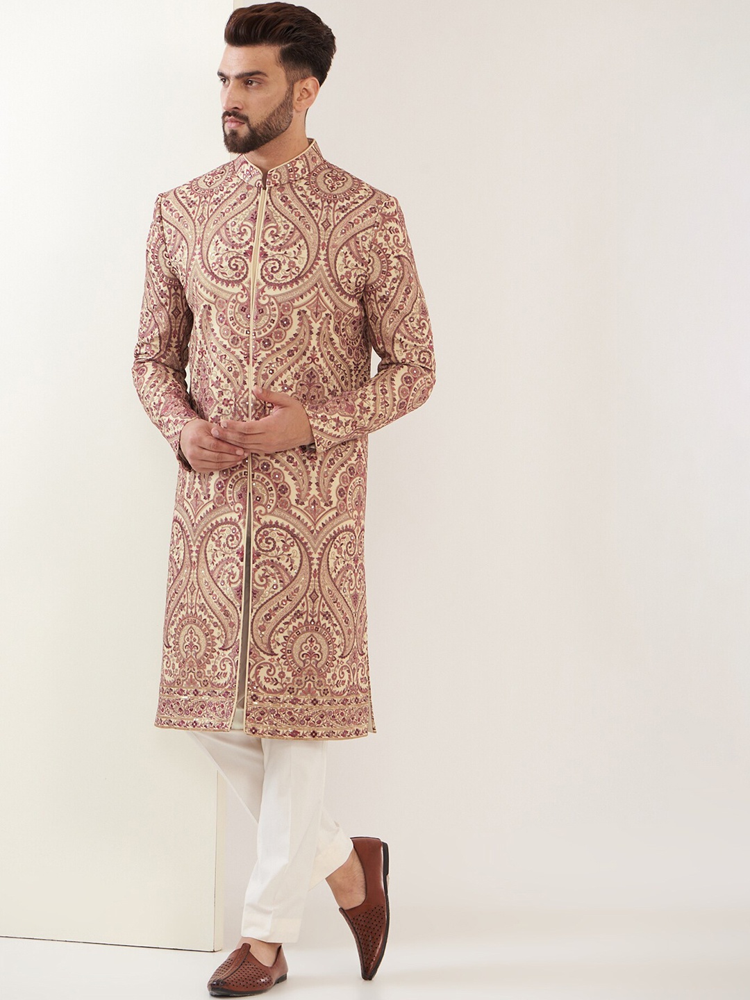 

KASBAH CLOTHING NISHCHAIY SAJDEH Embroidered Silk Sherwani, Beige