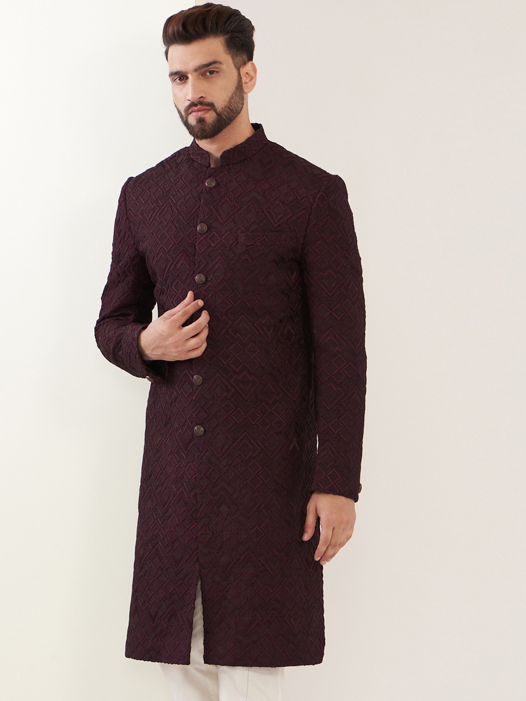 

KASBAH CLOTHING NISHCHAIY SAJDEH Geometric Embroidered Silk Sherwani, Violet