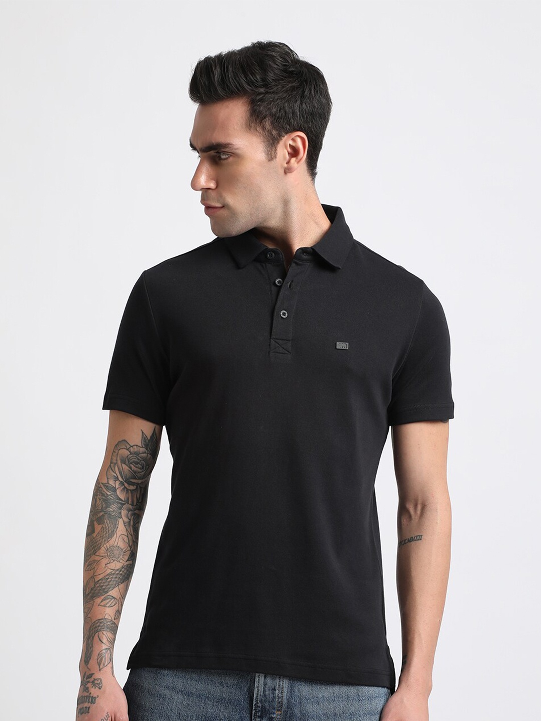 THE BEAR HOUSE Polo Collar Slim Fit Pure Cotton T-shirt, Black