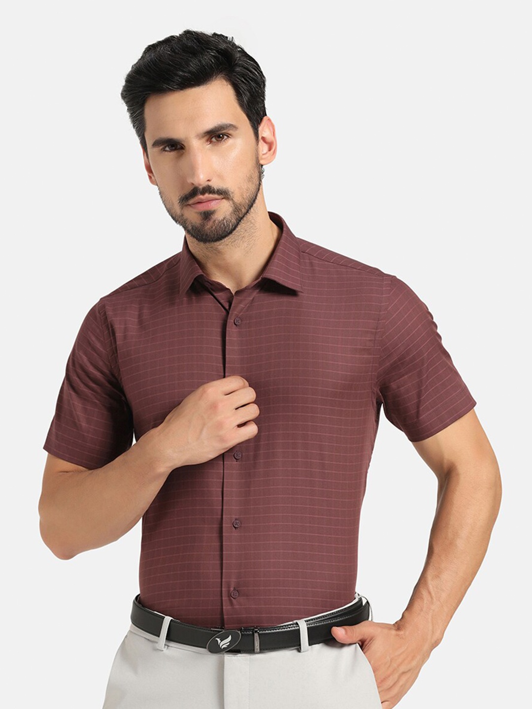 

Blackberrys TechPro Men Half Sleeve Dusty Pink Check Formal Shirts, Brown
