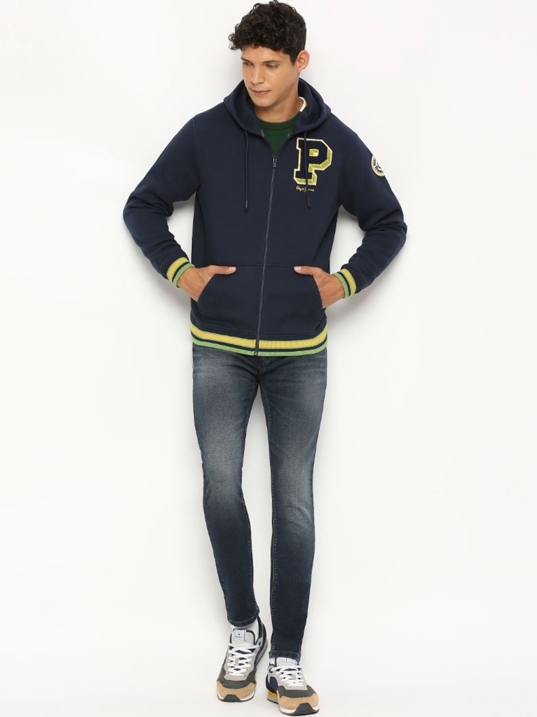 

Pepe Jeans Typography Printed Hooded Front-Open Sweatshirt, Navy blue