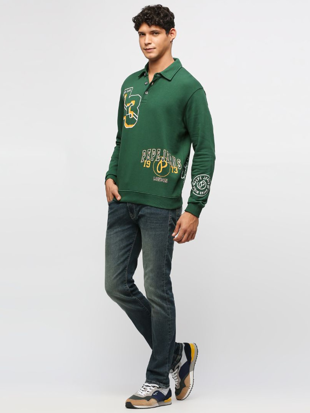 Pepe Jeans Typography Printed Shirt Collar Pure Cotton Sweatshirt, Green