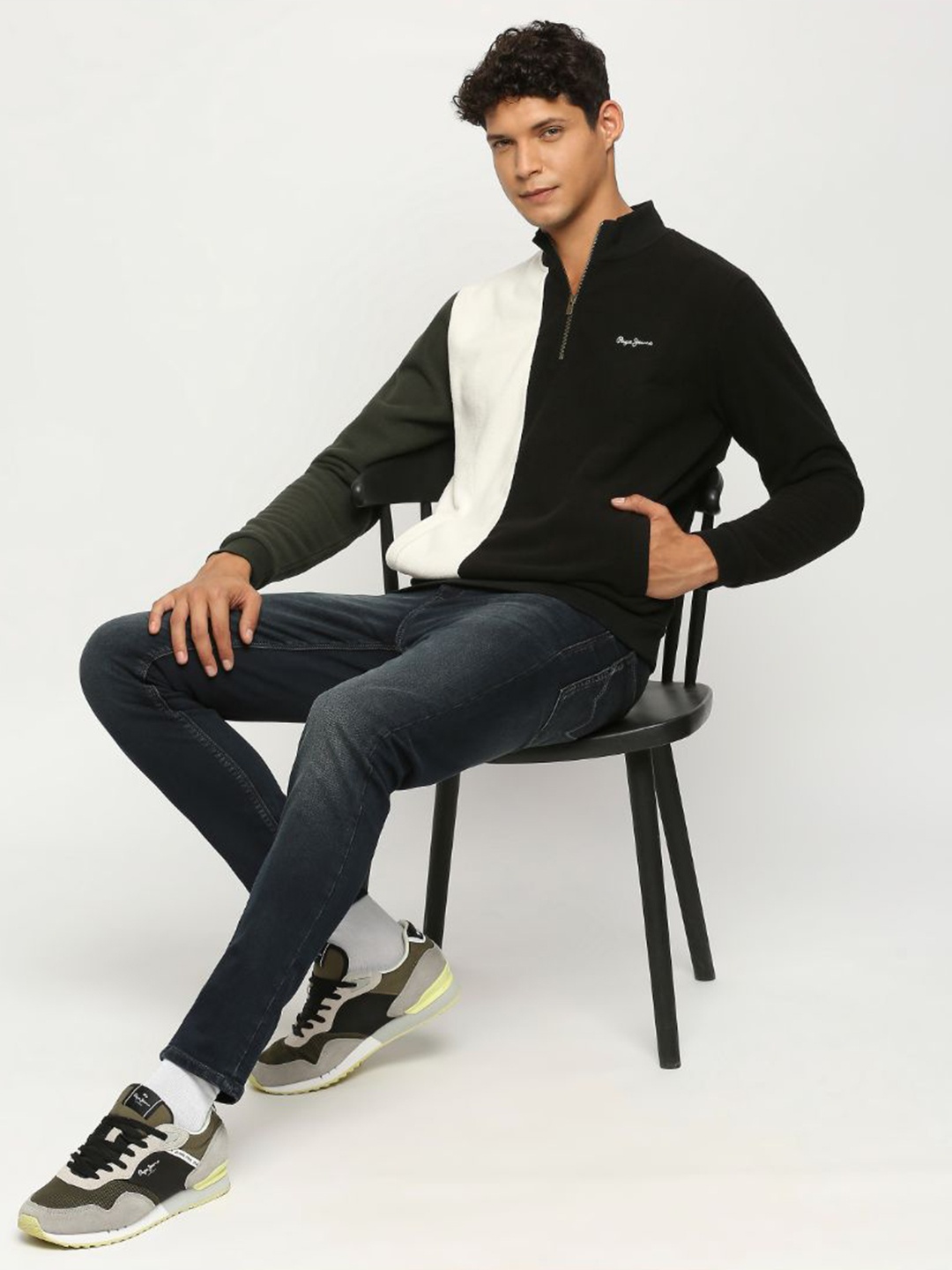 

Pepe Jeans Colourblocked Mock Collar Half Zipper Pullover Sweatshirt, Black