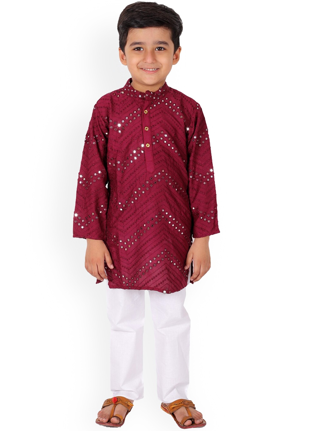 

Superminis Boys Maroon Embroidered Regular Mirror Work Kurta with Pyjamas