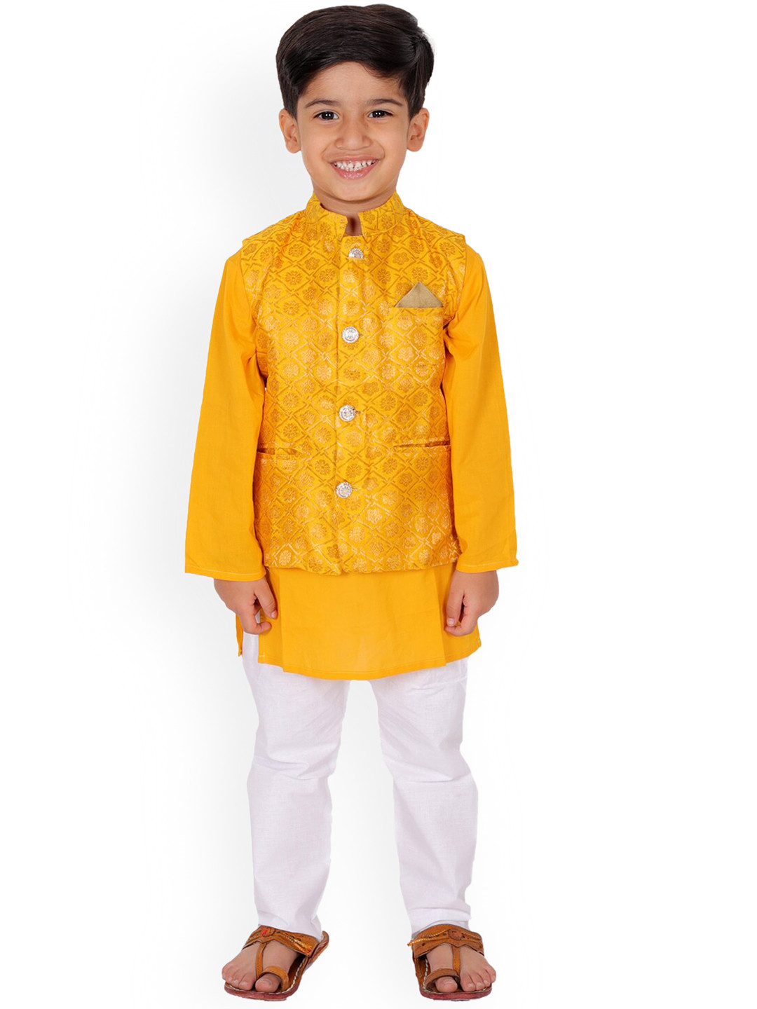 

Superminis Boys Pure Cotton Straight Kurta With Pyjamas & Nehru Jacket, Yellow