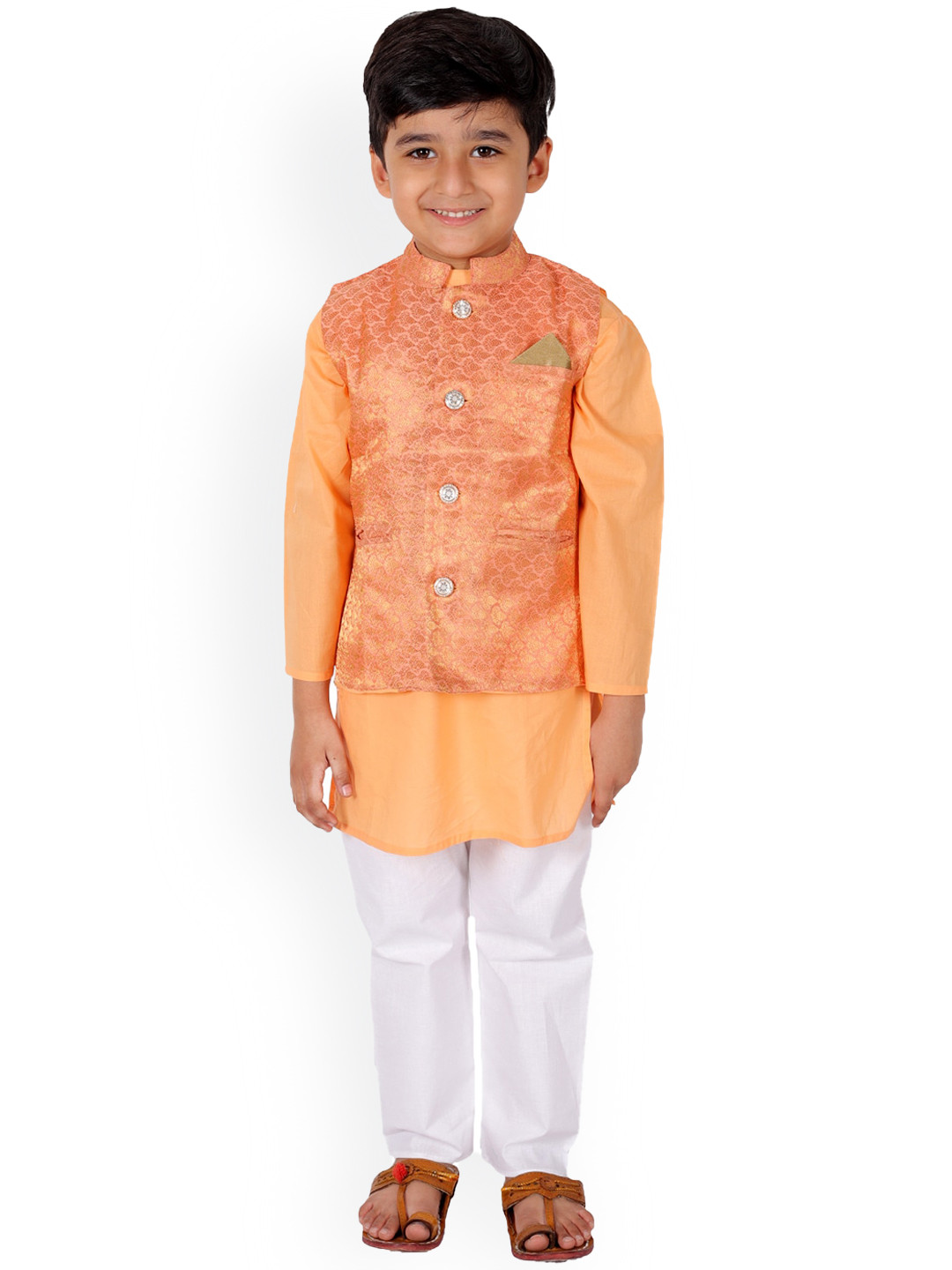 

Superminis Boys Pure Cotton Straight Kurta With Pyjamas & Nehru Jacket, Orange