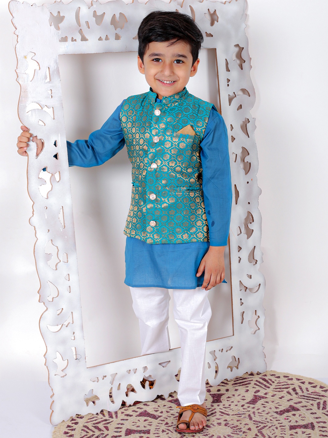 

Superminis Boys Band Collar Pure Cotton Kurta with Trousers With Woven Design Nehru Jacket, Blue