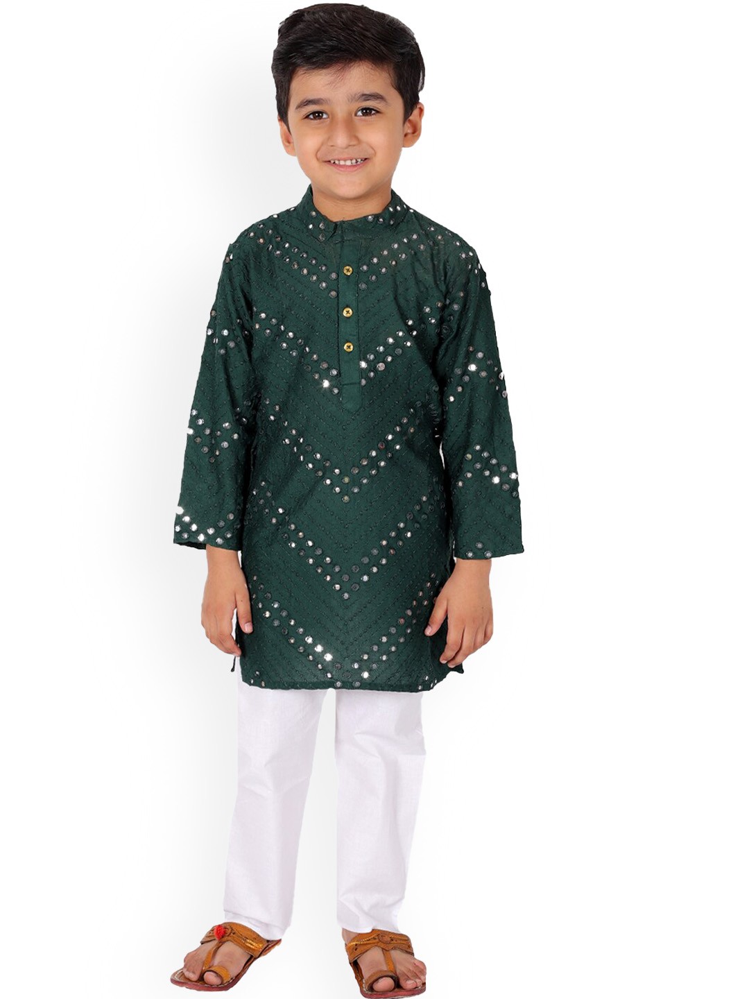 

Superminis Boys Green Regular Mirror Work Kurta with Pyjamas