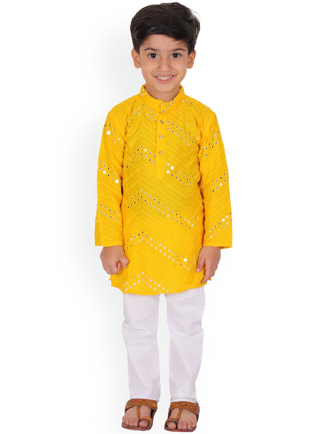 

Superminis Boys Chevron Embroidered Regular Mirror Work Kurta with Trousers, Yellow