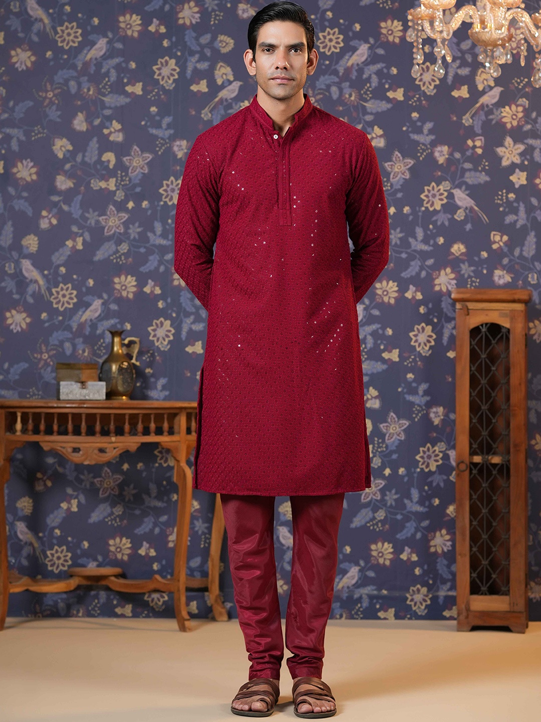 

House of Pataudi Embroidered Straight Kurta, Maroon