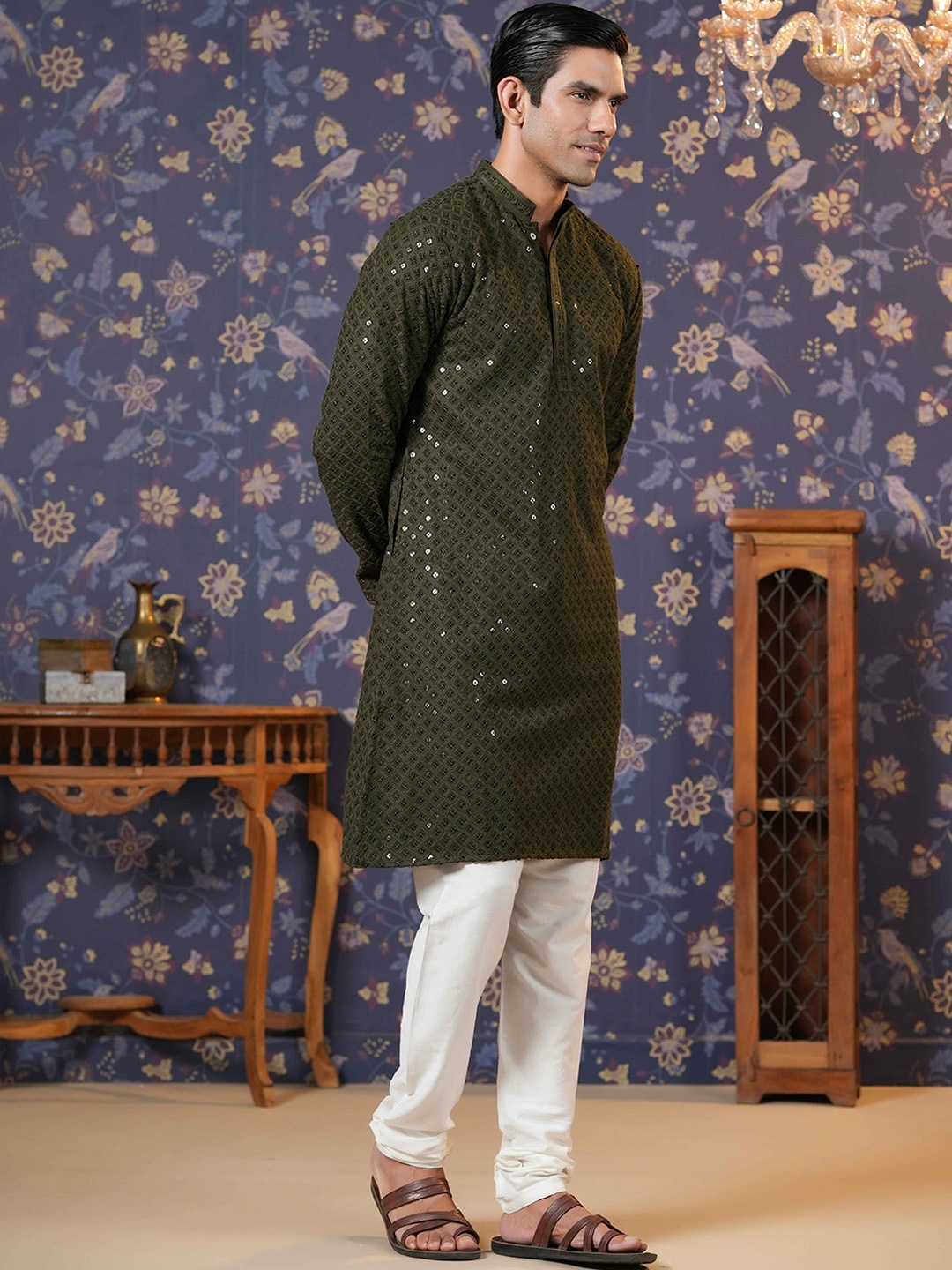 

House of Pataudi Embroidered Straight Kurtas, Olive