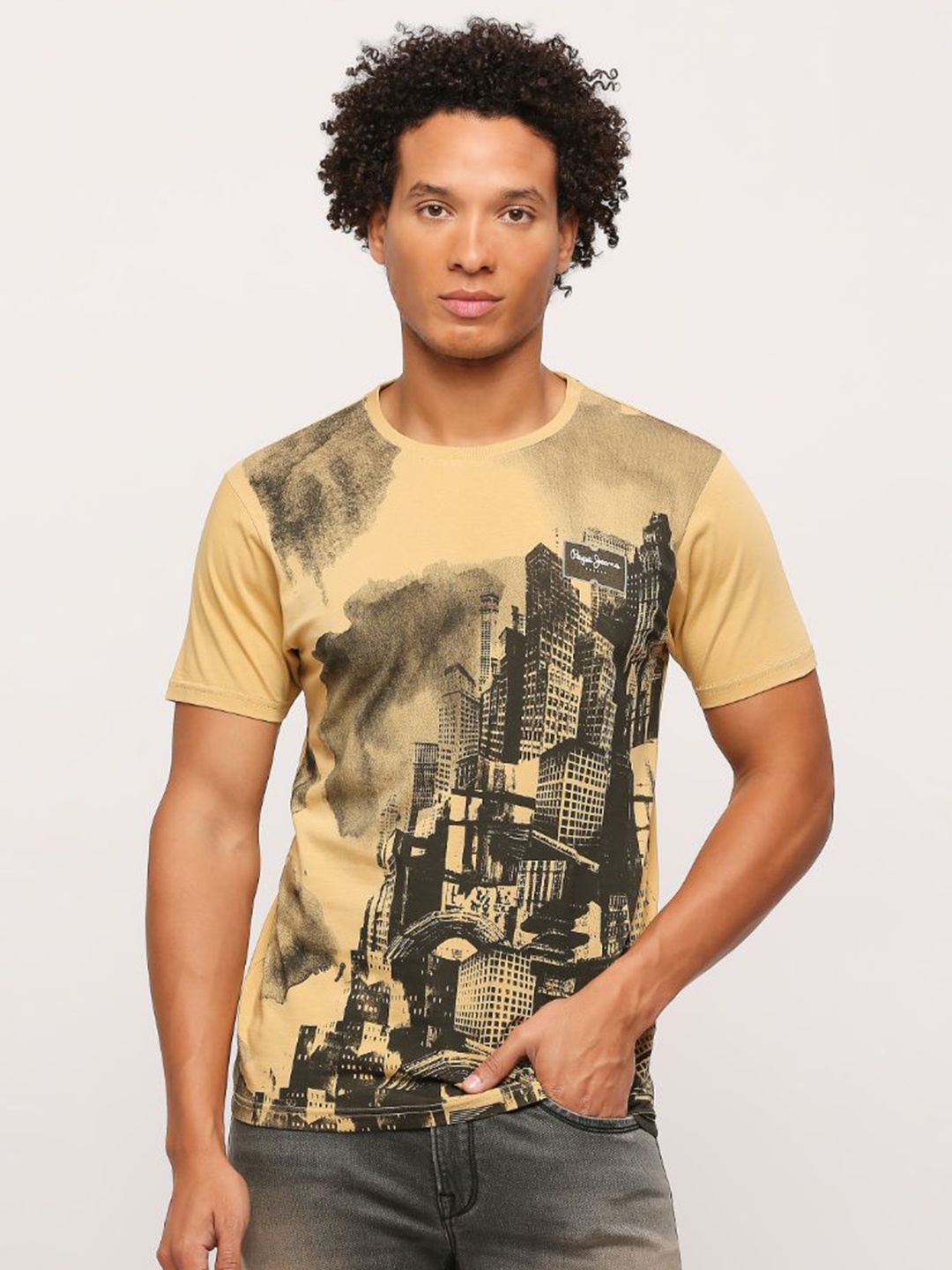 

Pepe Jeans Graphic Printed Round Neck Raw Edge Slim Fit T-shirt, Orange