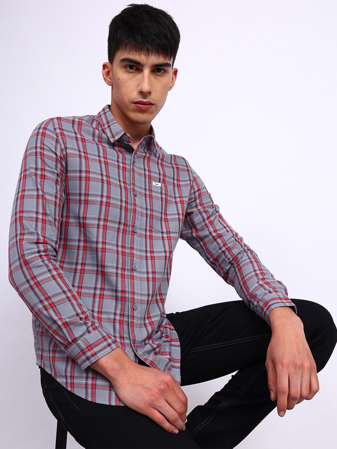 

Lee Slim Fit Tartan Checks Twill Cotton Casual Shirt, Grey