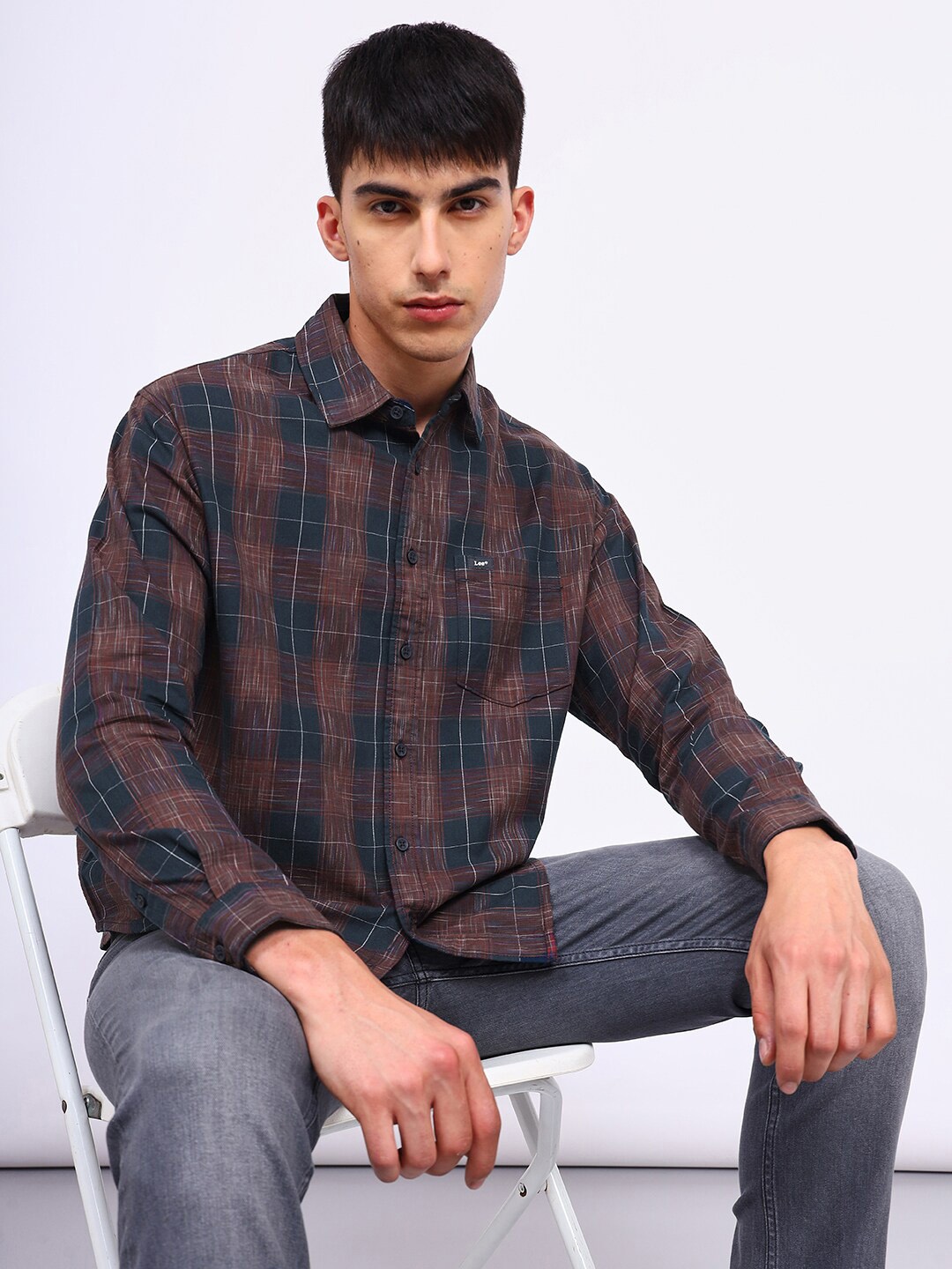 

Lee Relaxed Tartan Checked Cotton Casual Shirt, Navy blue