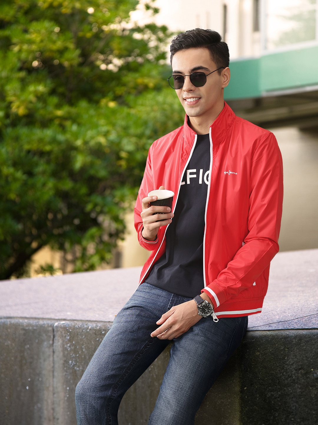 

Pepe Jeans Mock Collar Lightweight Bomber Jacket, Red