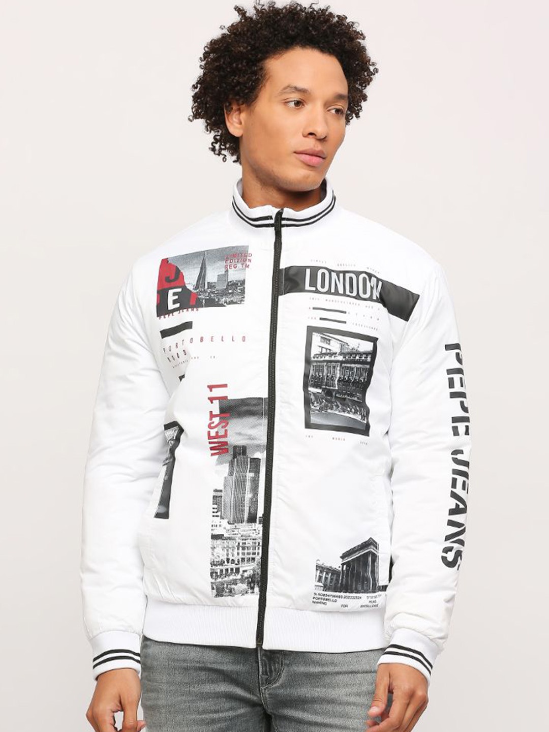 

Pepe Jeans Graphic Printed Stand Collar Long Sleeves Bomber Jacket, White