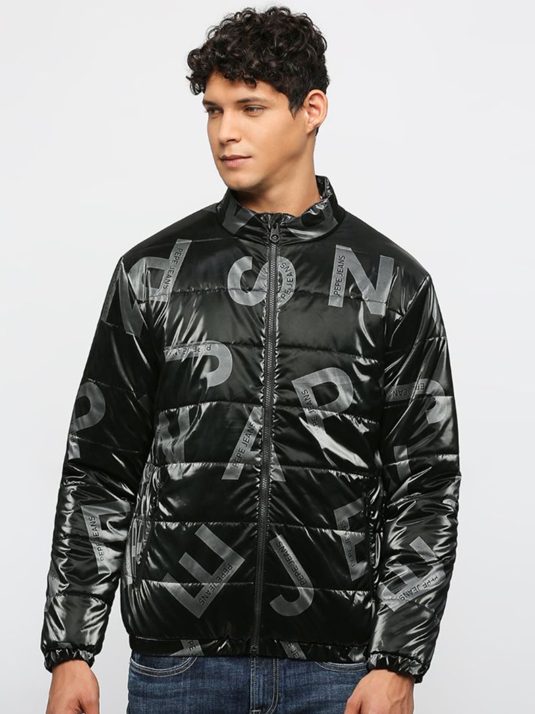 

Pepe Jeans Printed Mock Collar Padded Jacket, Black