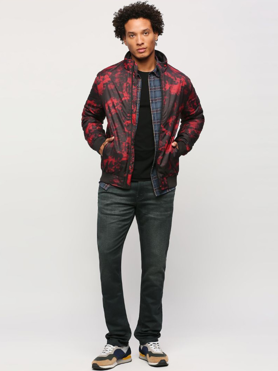 

Pepe Jeans Abstract Printed Stand Collar Padded Jacket, Black
