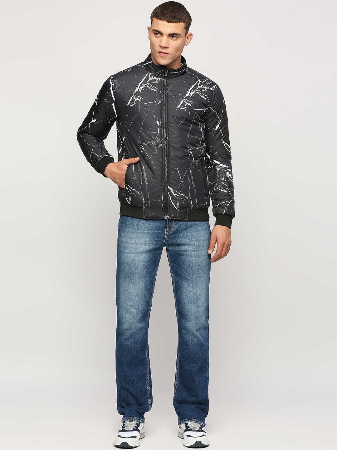 

Pepe Jeans Abstract Printed Mock Collar Bomber Jacket, Black