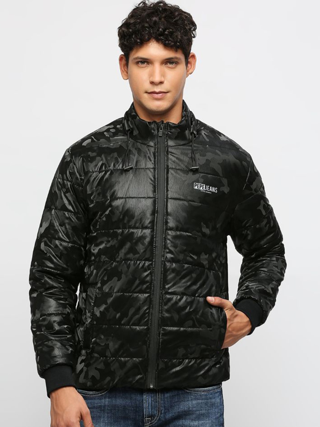 

Pepe Jeans Camouflage Printed Mock Collar Puffer Jacket, Black