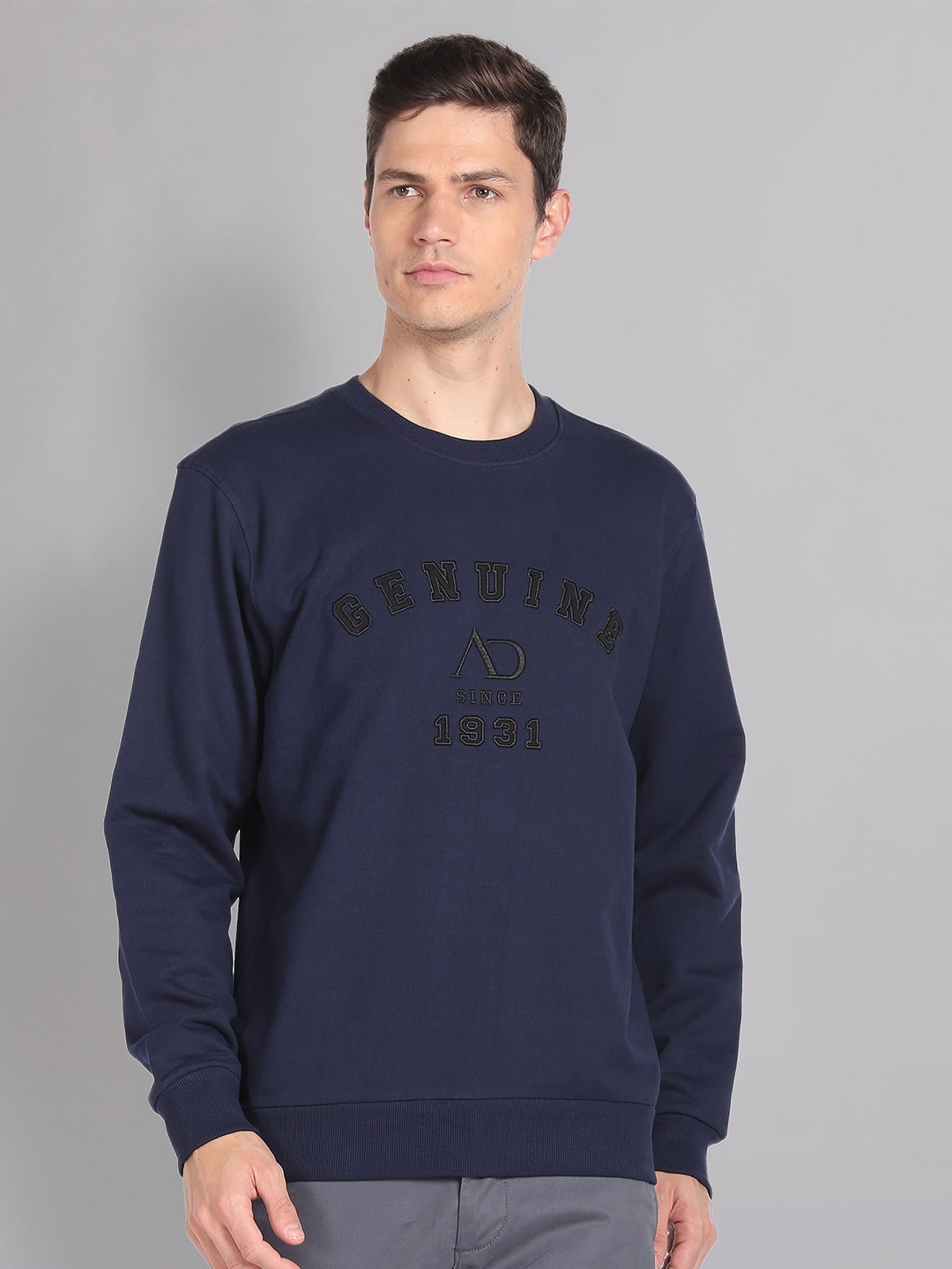 

AD By Arvind Typography Embroidered Pure Cotton Pullover, Blue