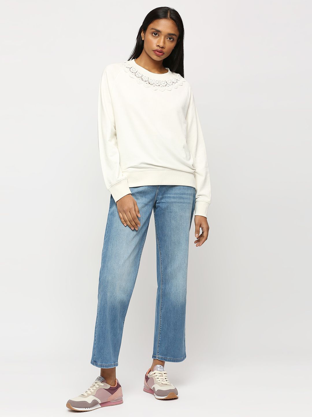 Pepe Jeans Round Neck Lace Inserts Pure Cotton Pullover Sweatshirt, White