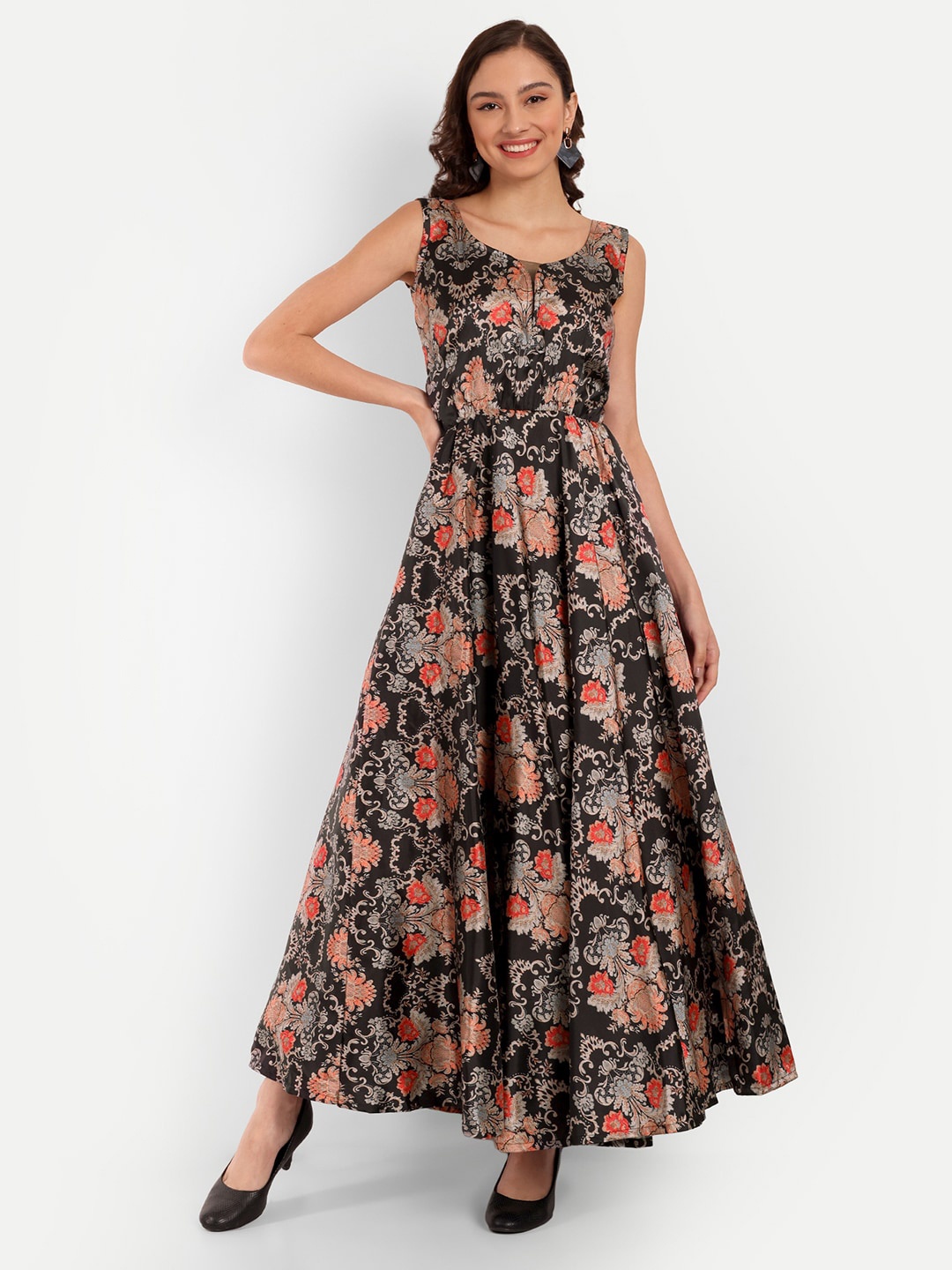 

TILISM Ethnic Motifs Printed Silk Maxi Dress, Black