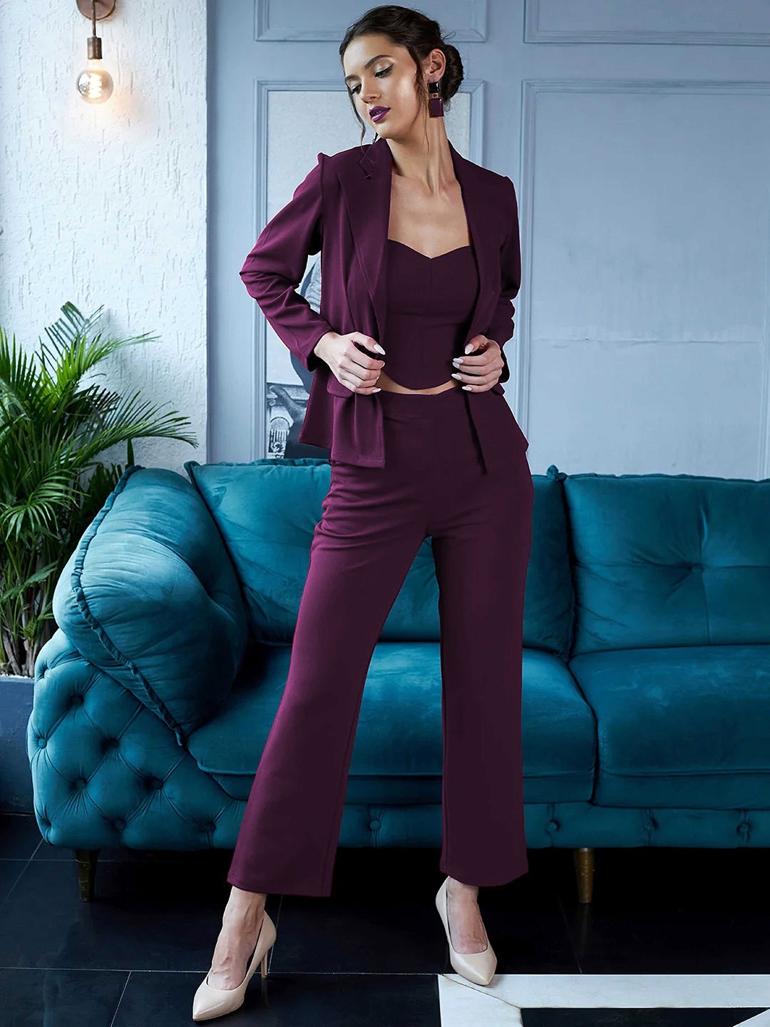 

Panzora V-Neck Crop Top & Jacket With Trouser, Purple