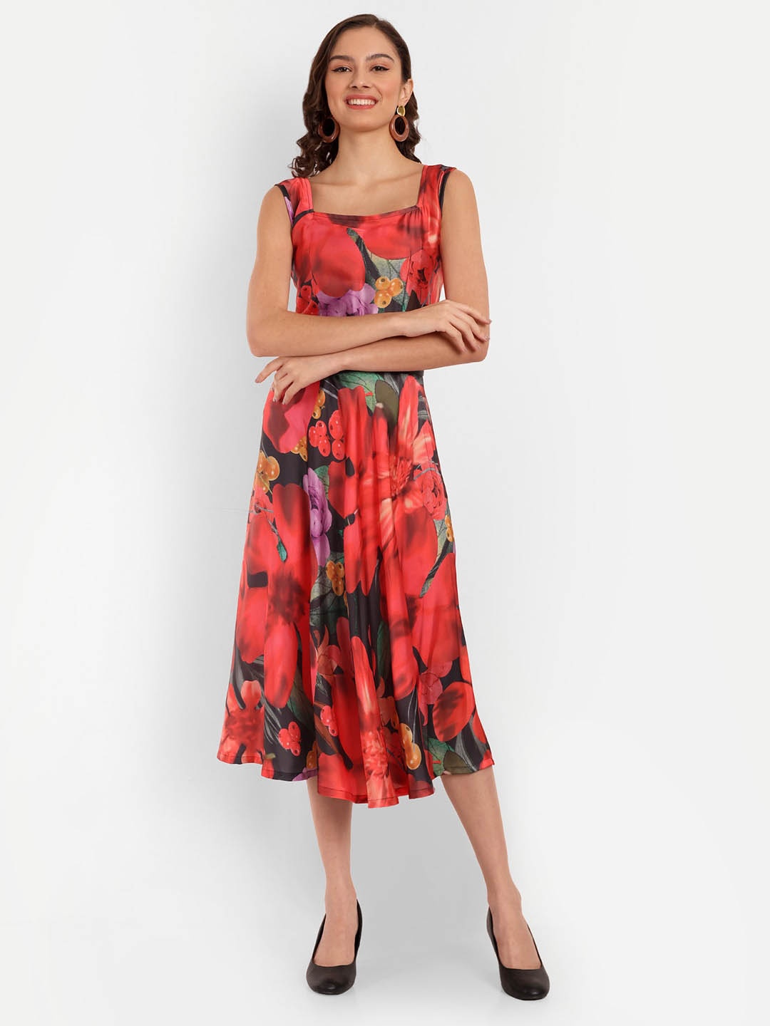 

TILISM Floral Printed Sleeveless Satin Fit & Flare Midi Dress, Red