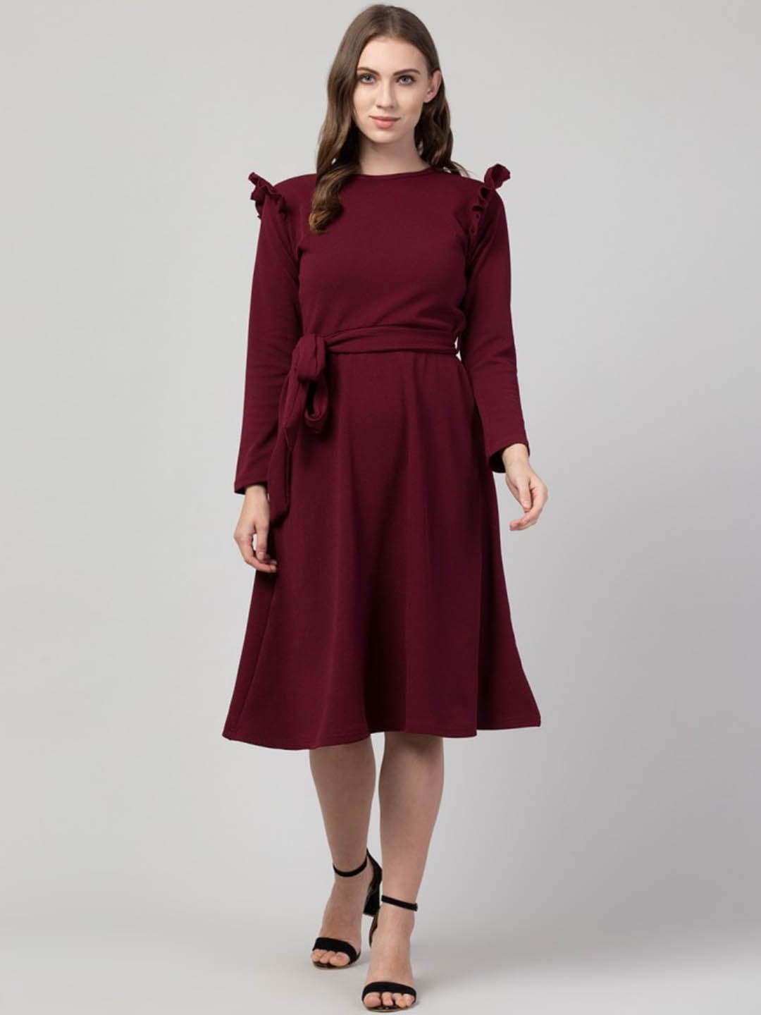 

Moshe Round Neck Ruffled Fit & Flare Dress, Purple