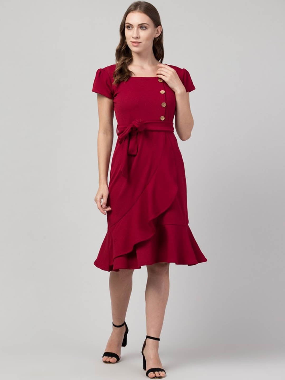 

Moshe Square Neck Puff Sleeves Wrap Dress, Maroon