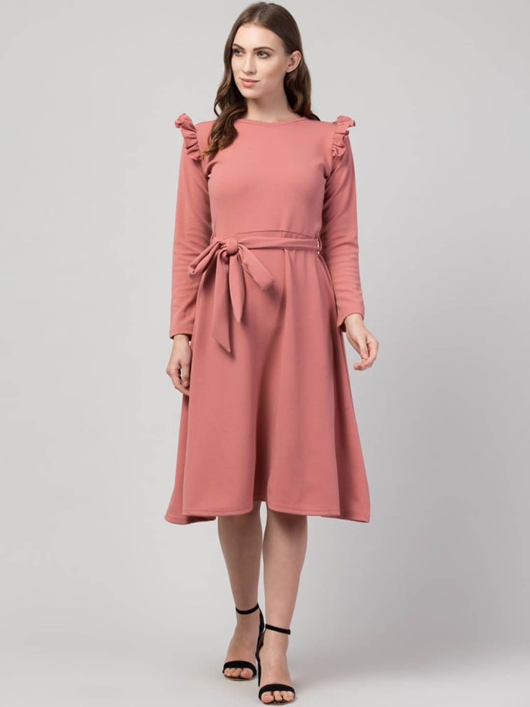 

Moshe Round Neck Ruffled Fit & Flare Dress, Pink