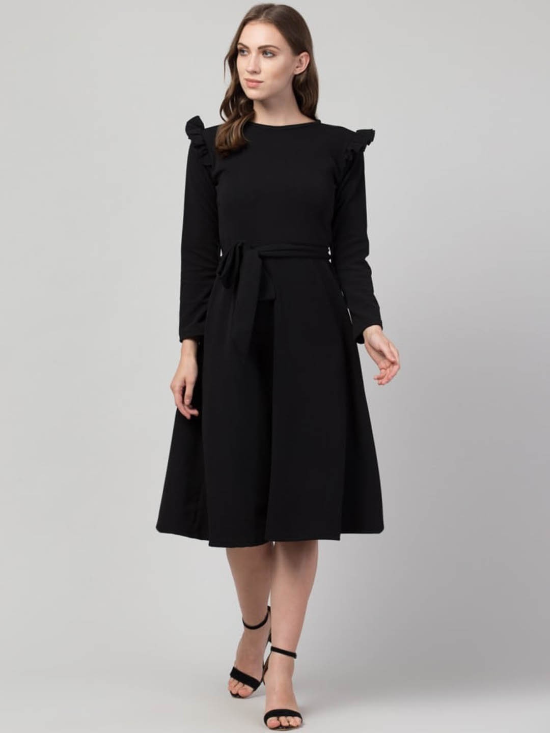 

Moshe Round Neck Ruffled Fit & Flare Dress, Black