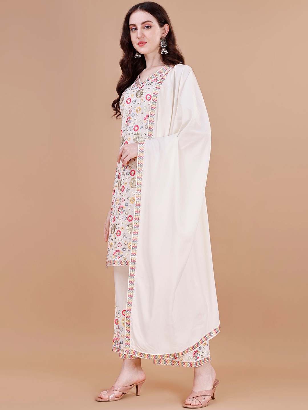 

KALINI Ethnic Motifs Embroidered Sequinned Straight Kurta With Palazzos & Dupatta, White