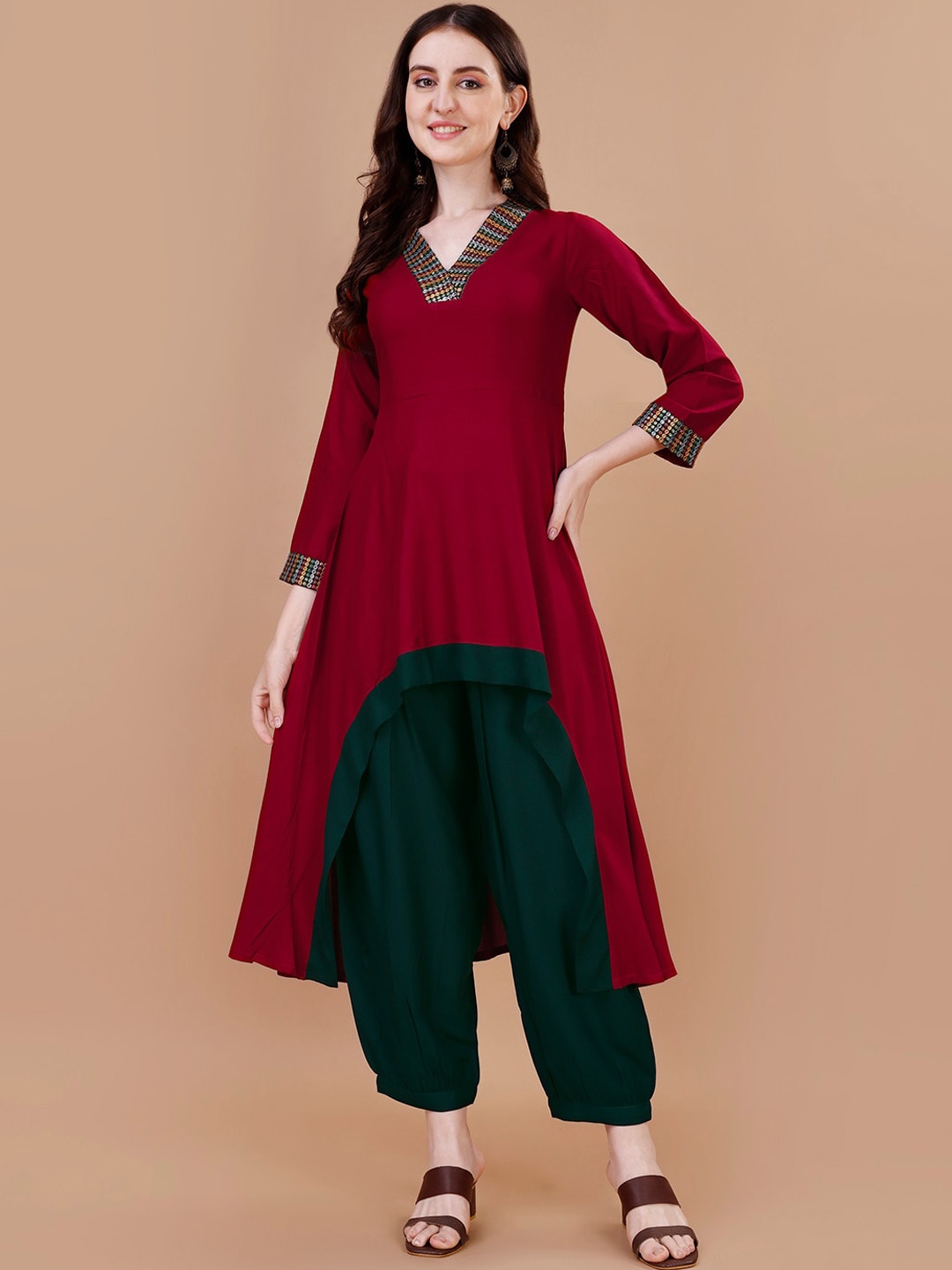 

KALINI Ethnic Motifs Sequinned Embroidered A-Line Kurta With Salwar, Red